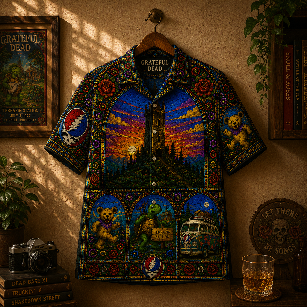 Grateful Dead Hawaiian Shirt – Unisex Retro Terrapin Turtle Cathedral Window Button Up