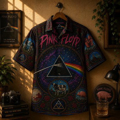 Pink Floyd Hawaiian Shirt – Unisex Retro Dark Side Of The Moon Cathedral Window Button Up