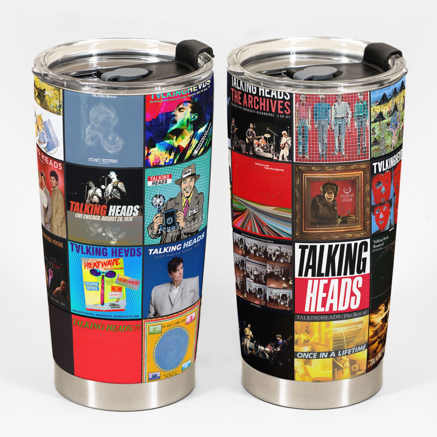 Talking Heads Album Collage Tumbler – Art Rock & New Wave Nostalgia