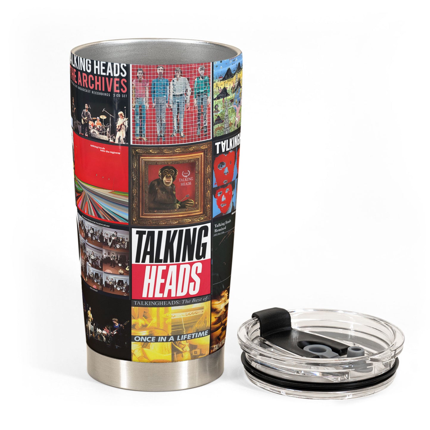 Talking Heads Album Collage Tumbler – Art Rock & New Wave Nostalgia