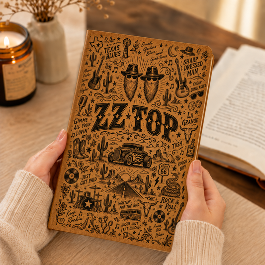 ZZ Top Vintage Leather Journal – Texas Blues Classic Rock Music Notebook & Diary