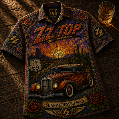 ZZ Top Stained Glass Hawaiian Shirt - Unisex Front Back Sharp Dressed Man Button Up