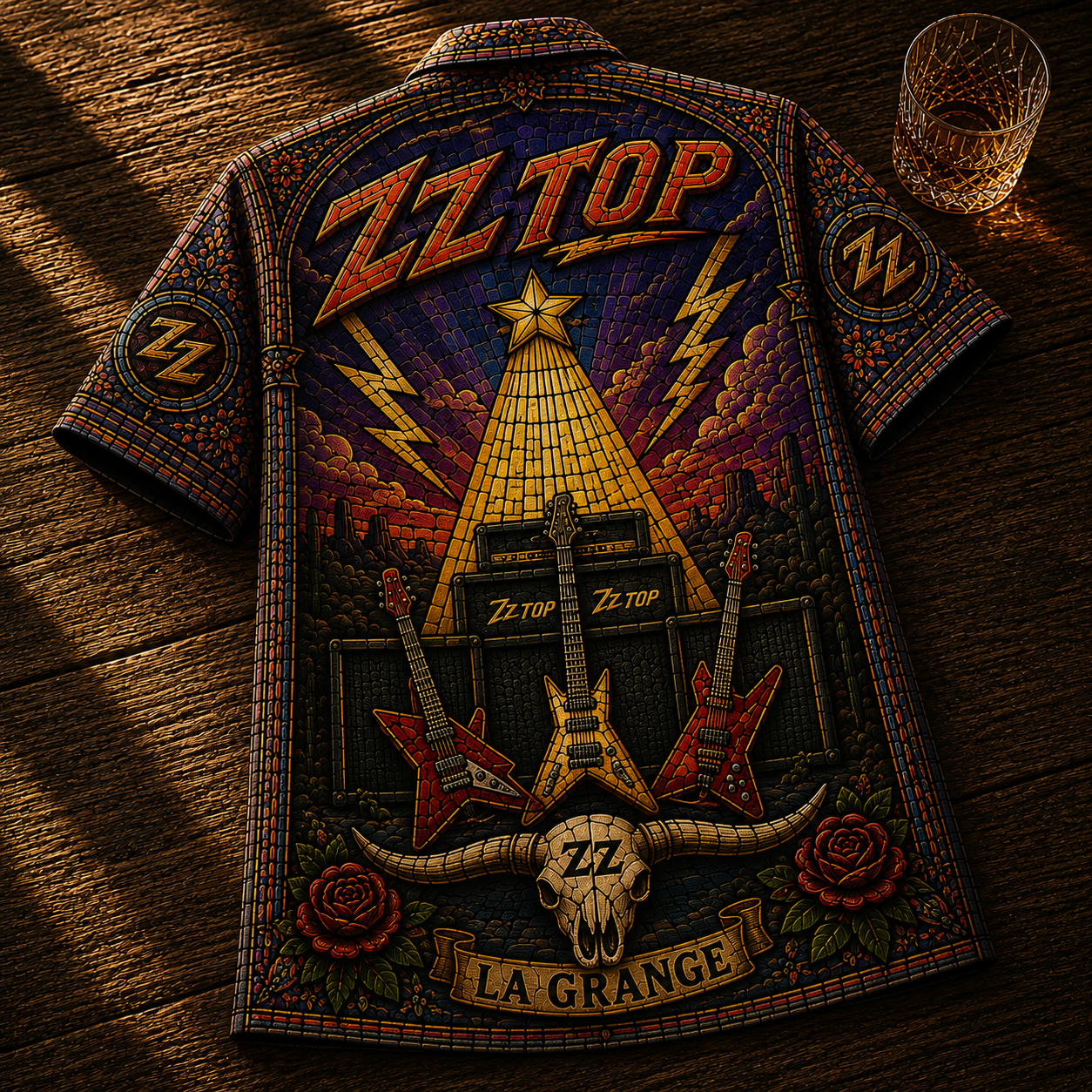ZZ Top Stained Glass Hawaiian Shirt - Unisex Front Back Sharp Dressed Man Button Up