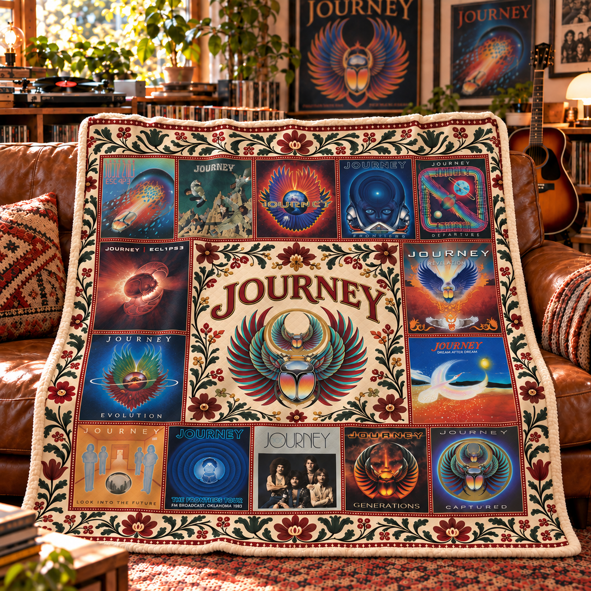 Journey Band Sherpa Blanket - Soft Cozy Fleece Throw - Classic Rock Album Covers Collage & Scarab Logo Fan Gift Idea