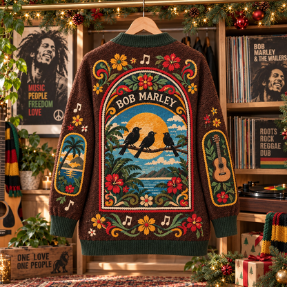 Bob Marley Patchwork Cardigan, One Love Reggae Folk Art Knit Sweater, Vintage Rasta Music Cardigan Gift