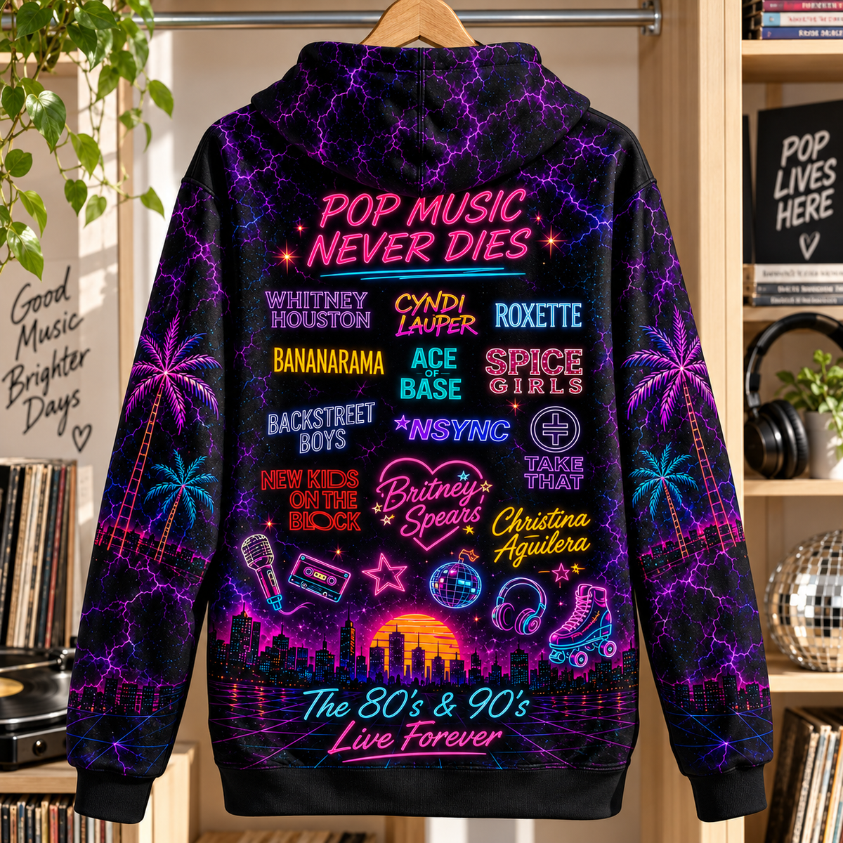 80s & 90s Pop Music Neon Hoodie – Retro Pop Legends 3D Printed Hoodie, ABBA, Madonna, Prince & Michael Jackson Fan Gift