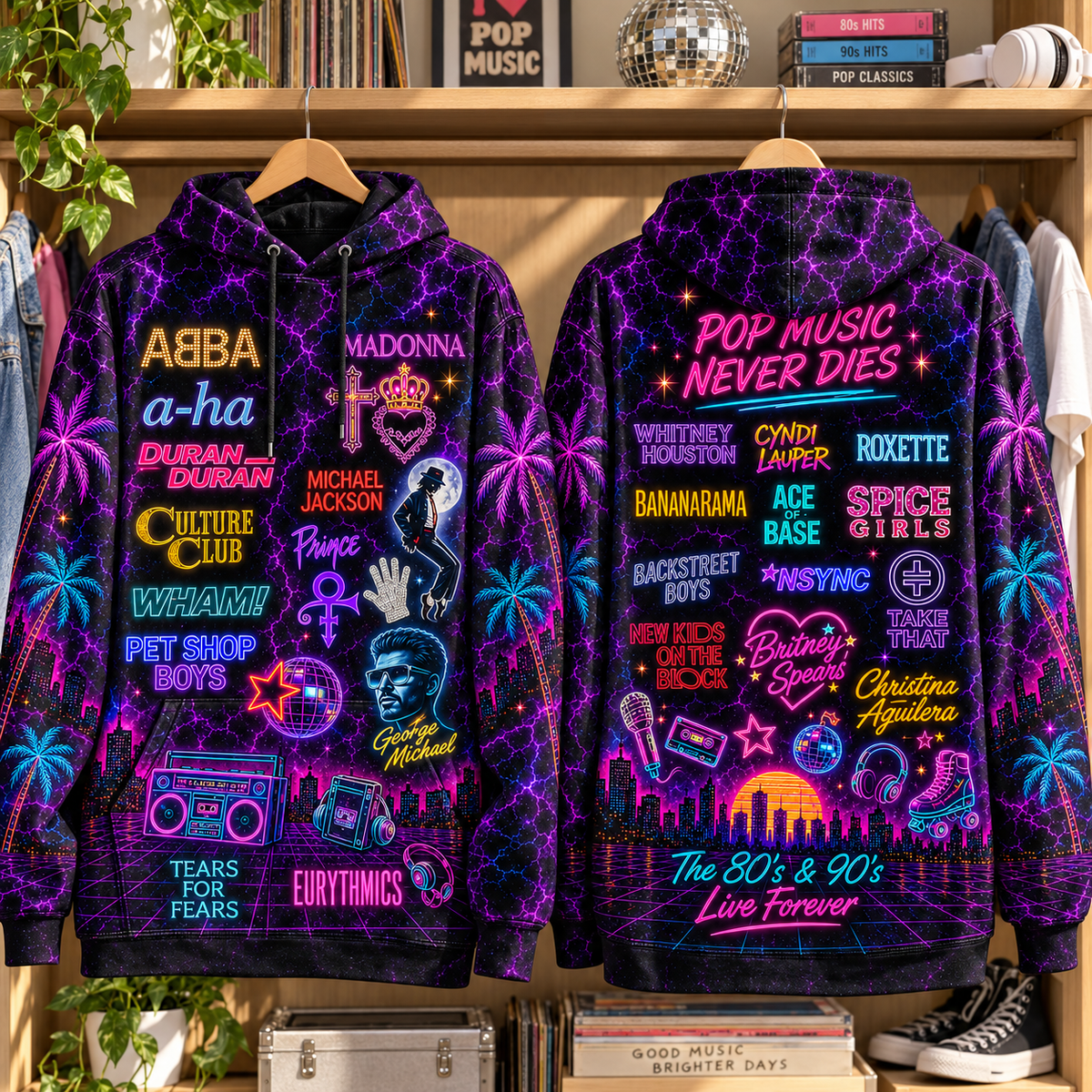 80s & 90s Pop Music Neon Hoodie – Retro Pop Legends 3D Printed Hoodie, ABBA, Madonna, Prince & Michael Jackson Fan Gift