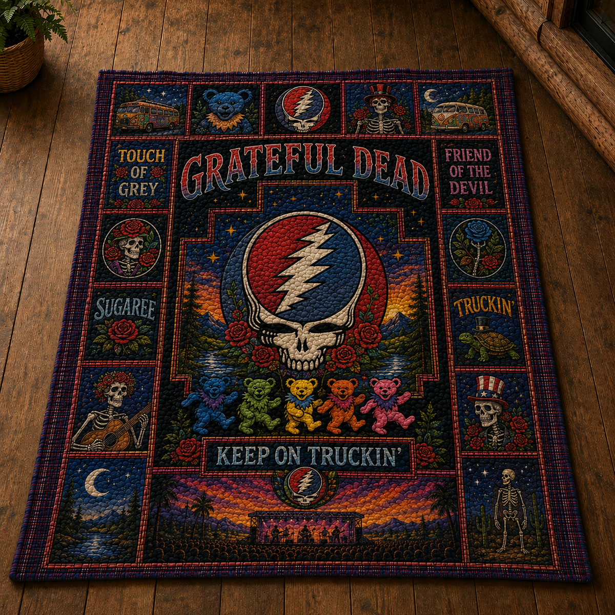 Grateful Dead Quilt Blanket - Steal Your Face Patchwork Bedding - Dancing Bears Music Fan Gift - Hippie Rock Cabin Quilt
