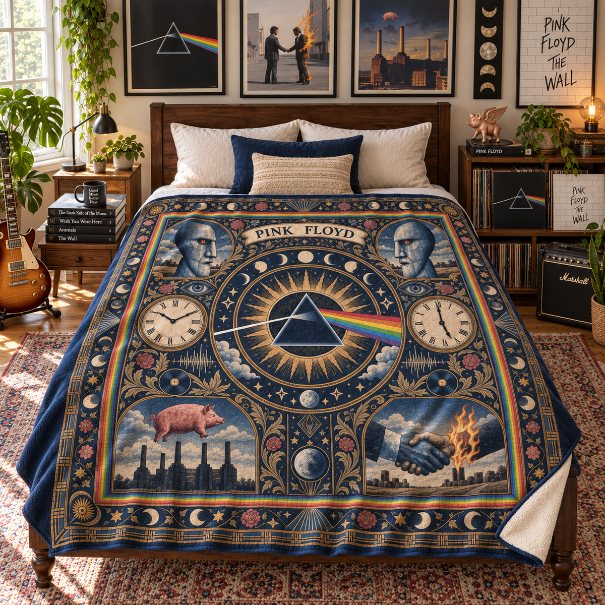 Pink Floyd Sherpa Blanket, Dark Side of the Moon Heritage Pattern Blanket, Wish You Were Here Rock Band Gift