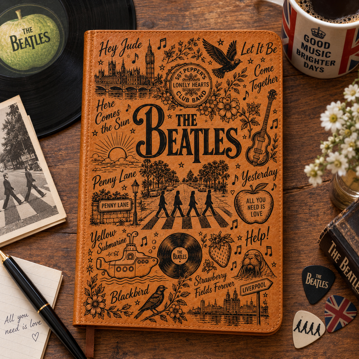 The Beatles Vintage Vegan Leather Notebook – Classic Rock Abbey Road Journal & Diary