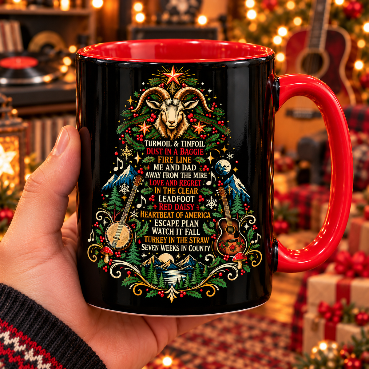 Billy Strings Christmas Tree Mug, Bluegrass Holiday Coffee Cup, BMFS Fan Gift, Music Christmas Mug, Goat Christmas Tree Decor