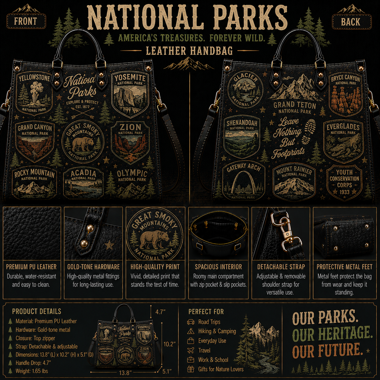 US National Parks Faux Leather Handbag – Vintage Outdoors Adventure Shoulder Tote Bag