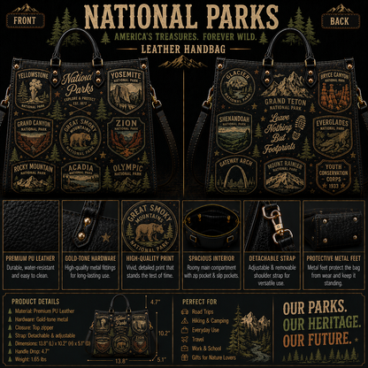 US National Parks Faux Leather Handbag – Vintage Outdoors Adventure Shoulder Tote Bag