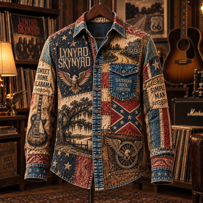 Lynyrd Skynyrd Patchwork Long Sleeve Shirt – Sweet Home Alabama, Simple Man & Southern Rock Vintage Button Up, Classic Rock Fan Gift