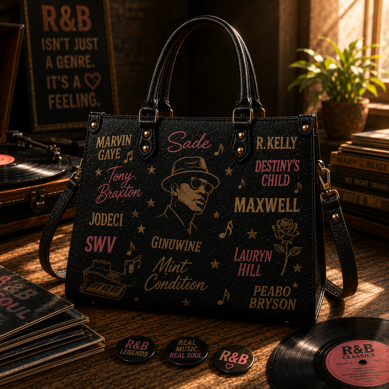 R&B Legends Faux Leather Handbag – Vintage Soul & R&B Music Shoulder Tote Bag for Music Lovers