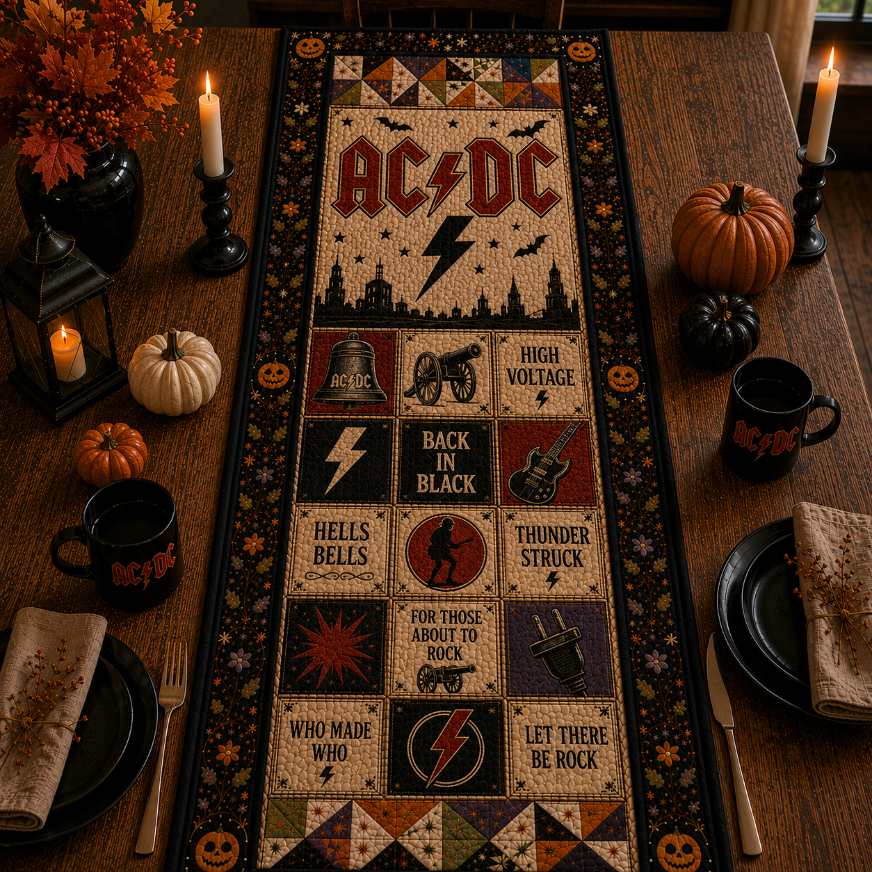 AC/DC Halloween Table Runner – Quilted Rock Band Table Decor for Fall & Halloween