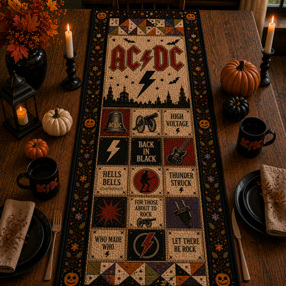 AC/DC Halloween Table Runner – Quilted Rock Band Table Decor for Fall & Halloween