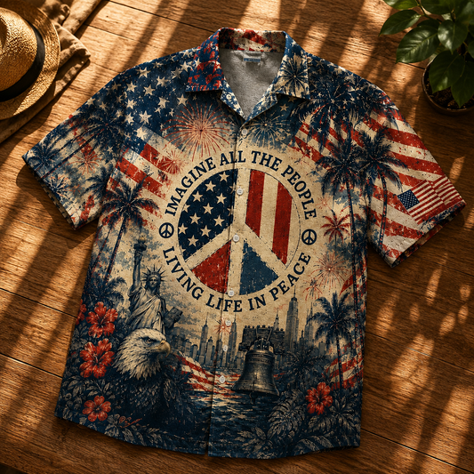 Imagine All The People Living Life In Peace Hawaiian Shirt – Patriotic Peace Sign Independence Day AOP Shirt