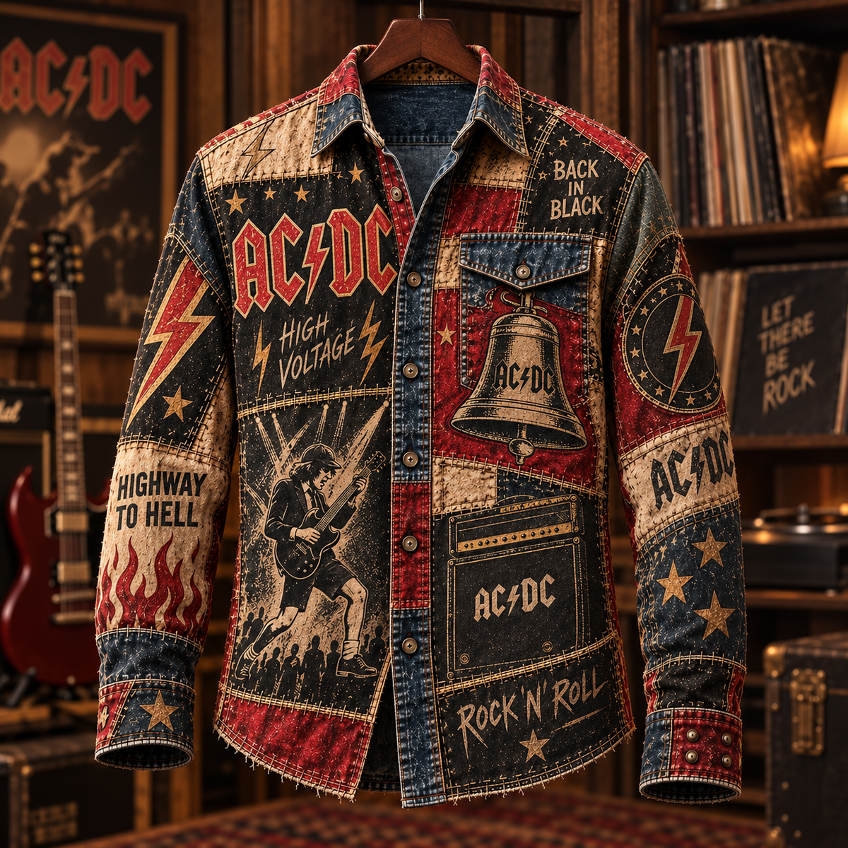 AC/DC Patchwork Long Sleeve Shirt – Back in Black, Highway to Hell & Hells Bells Vintage Rock Button Up, Classic Rock Fan Gift