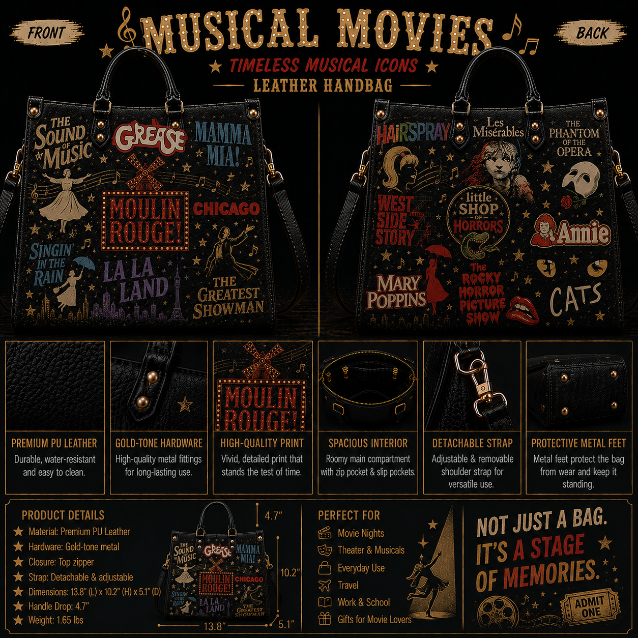 Musical Movies Faux Leather Handbag – Theatre Show Lover Shoulder Tote Bag