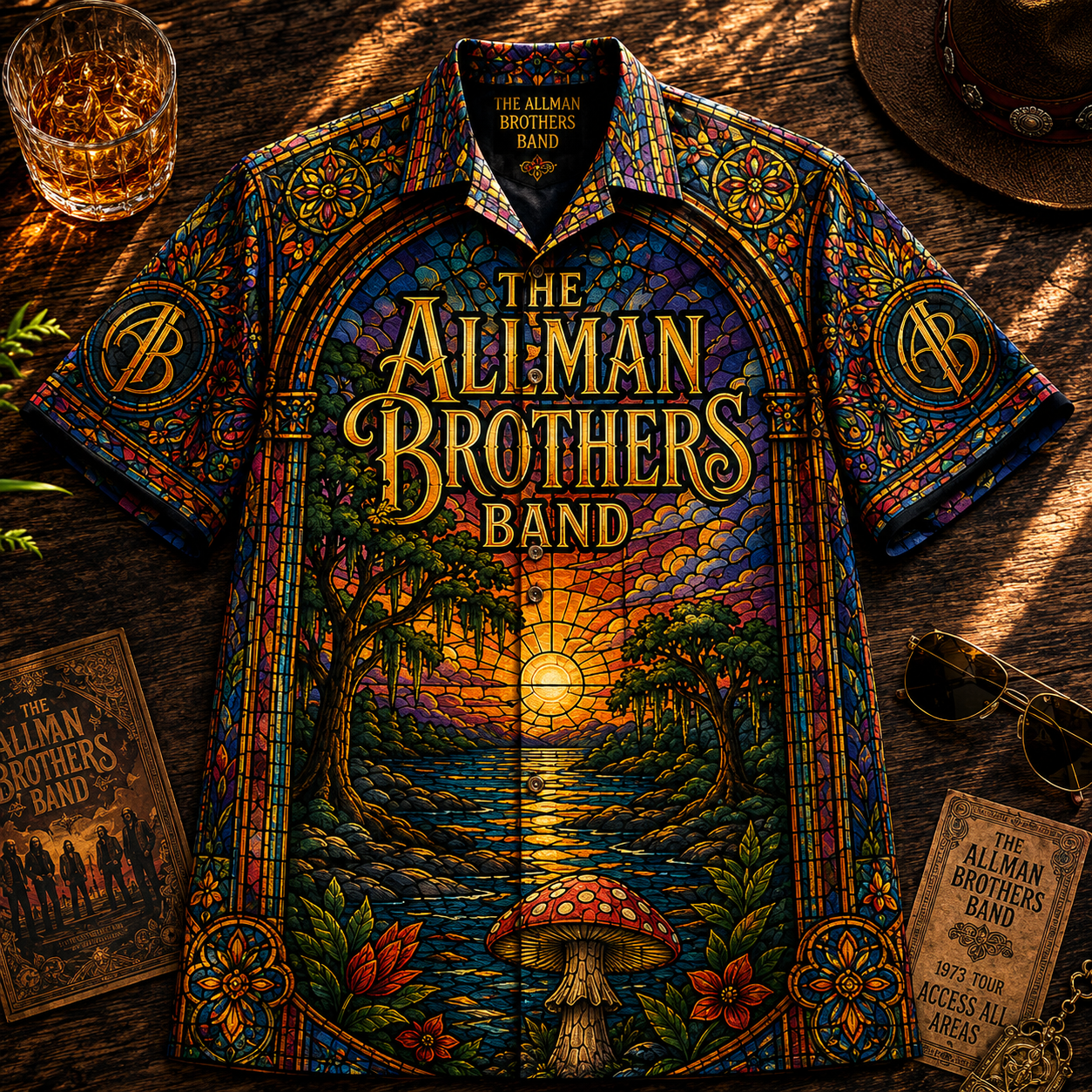The Allman Brothers Band Hawaiian Shirt - Unisex Stained Glass Mushroom Button Up