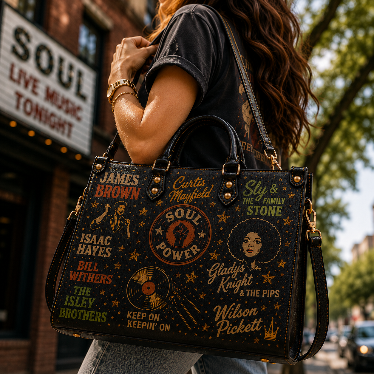 Classic Soul Music Faux Leather Handbag – Vintage 60s 70s Soul Power Shoulder Tote Bag