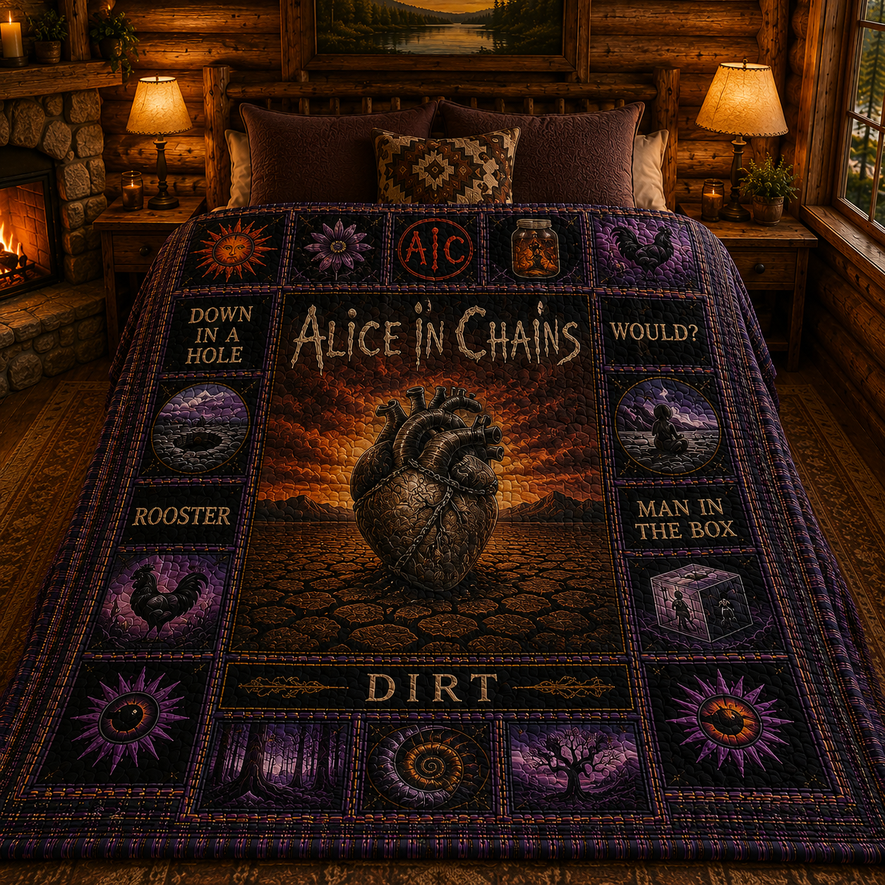 Alice In Chains Quilt Blanket - Gothic Rock Band Patchwork Bedding - Purple Cabin Style Fan Gift - Handmade Style Music Lover Quilt