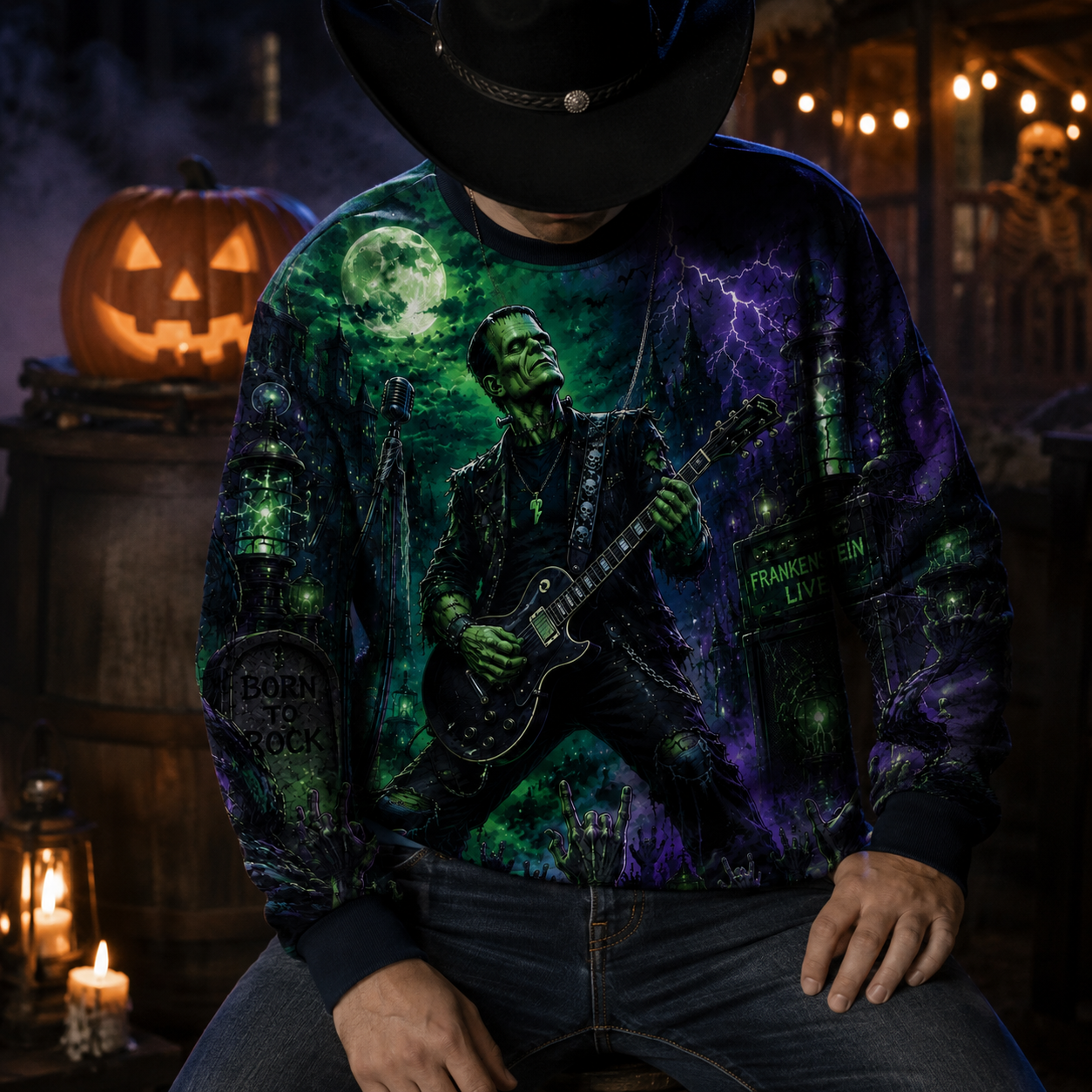 Frankenstein Monster Rock Guitar Sweatshirt – Gothic Halloween All Over Print Crewneck For Horror Fans