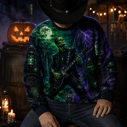 Frankenstein Monster Rock Guitar Sweatshirt – Gothic Halloween All Over Print Crewneck For Horror Fans