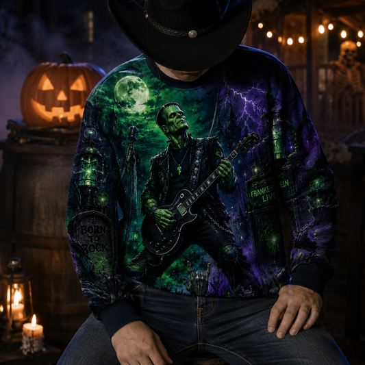 Frankenstein Monster Rock Guitar Sweatshirt – Gothic Halloween All Over Print Crewneck For Horror Fans