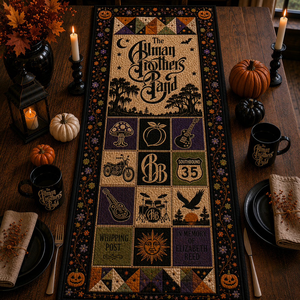 The Allman Brothers Band Halloween Table Runner – Quilted Southern Rock Table Decor for Fall