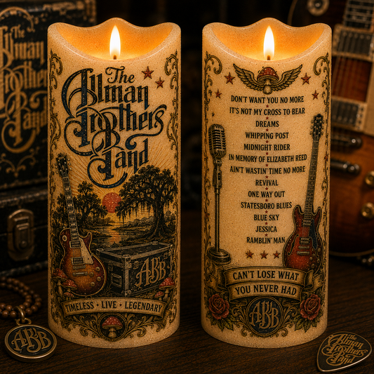 The Allman Brothers Band Flameless LED Candle, Southern Rock Music Lover Gift, Vintage Guitar Candle Decor, ABB Fan Memorial Candle, Rustic Home Accent
