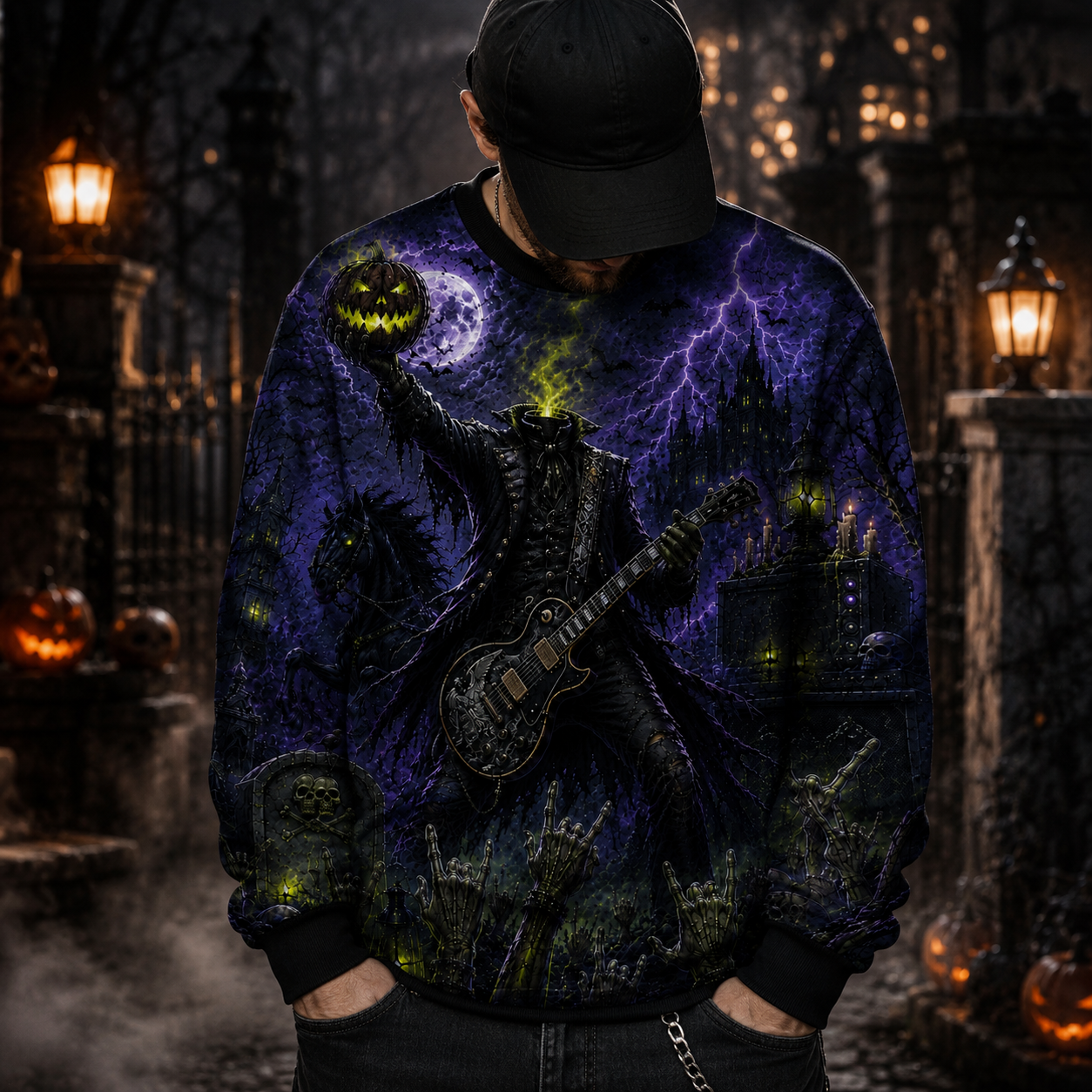 Headless Horseman Halloween Guitar Sweatshirt – Gothic Horror All Over Print Crewneck For Halloween Rock Fans