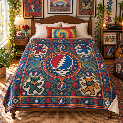 Grateful Dead Dancing Bears Sherpa Blanket, Steal Your Face Rose Heritage Throw, Psychedelic Deadhead Bedding Gift