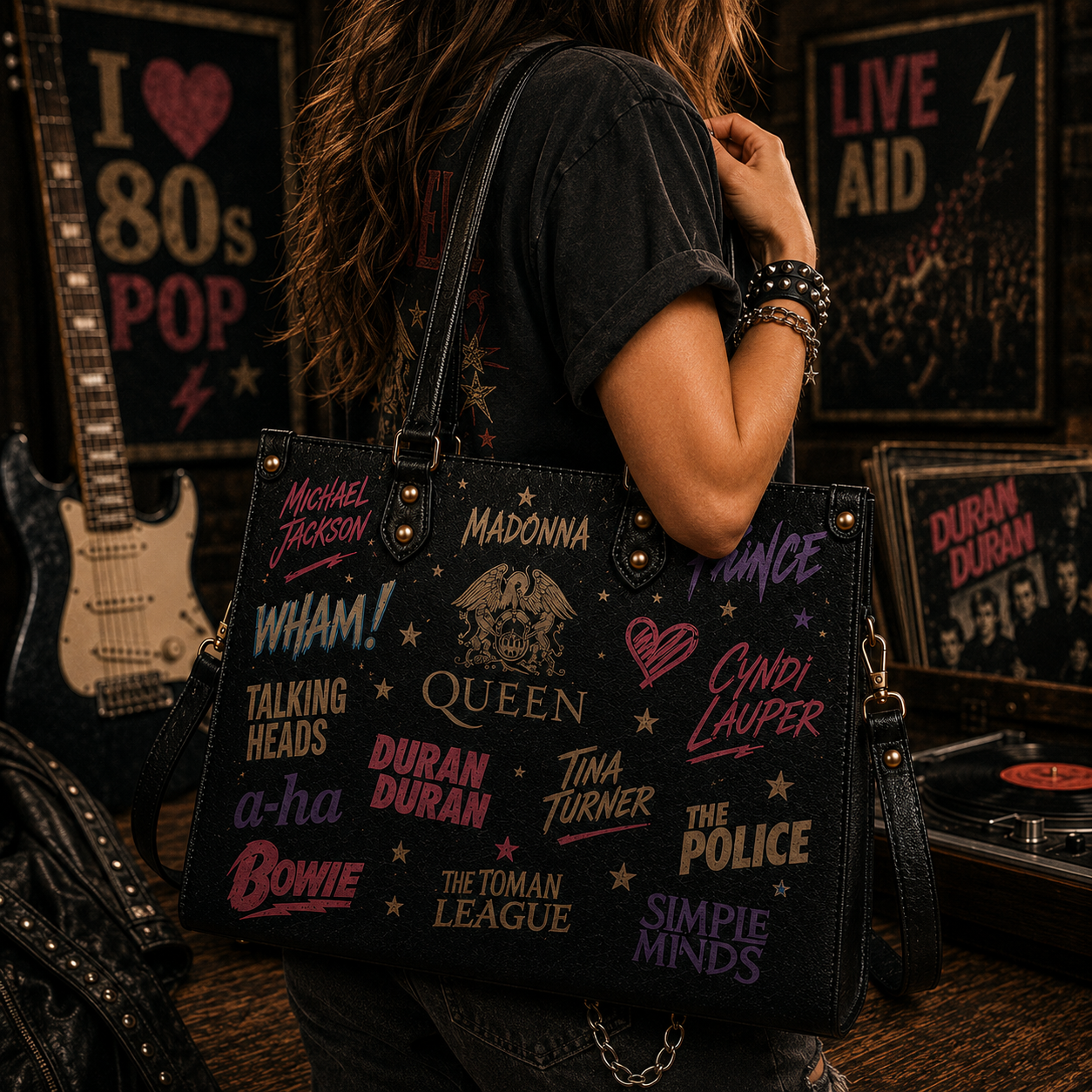 80s Pop Icons Faux Leather Handbag – Vintage Retro Music Shoulder Tote Bag for 80s Music Lovers