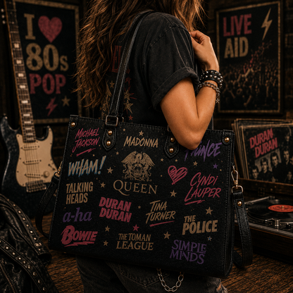 80s Pop Icons Faux Leather Handbag – Vintage Retro Music Shoulder Tote Bag for 80s Music Lovers