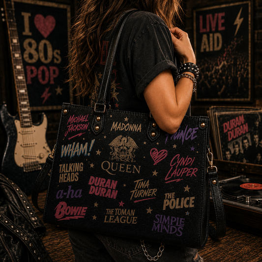 80s Pop Icons Faux Leather Handbag – Vintage Retro Music Shoulder Tote Bag for 80s Music Lovers