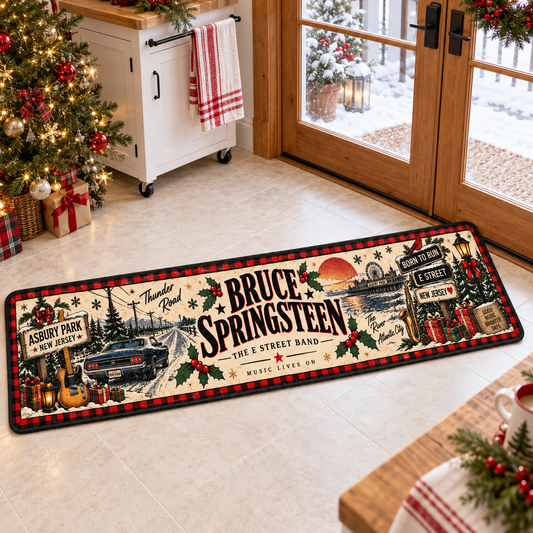 Bruce Springsteen Christmas Runner Rug, E Street Band Holiday Kitchen Runner, Asbury Park New Jersey Rock Music Rug