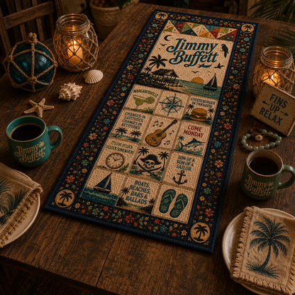 Jimmy Buffett Table Runner – Margaritaville Coastal Patchwork Table Runner, Tropical Beach Dining Table Decor, Parrothead Gift, Island Music Table Runner