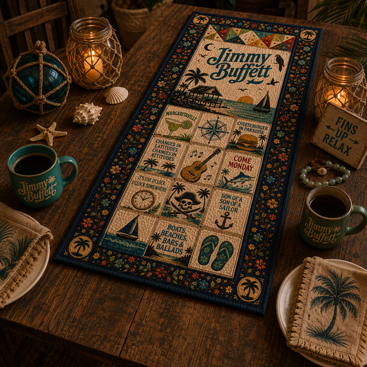 Jimmy Buffett Table Runner – Margaritaville Coastal Patchwork Table Runner, Tropical Beach Dining Table Decor, Parrothead Gift, Island Music Table Runner