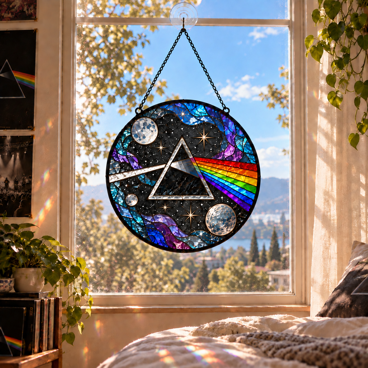 Pink Floyd Album Stained Glass Suncatcher - Psychedelic Rock Music Window Hanging Gift for Fans