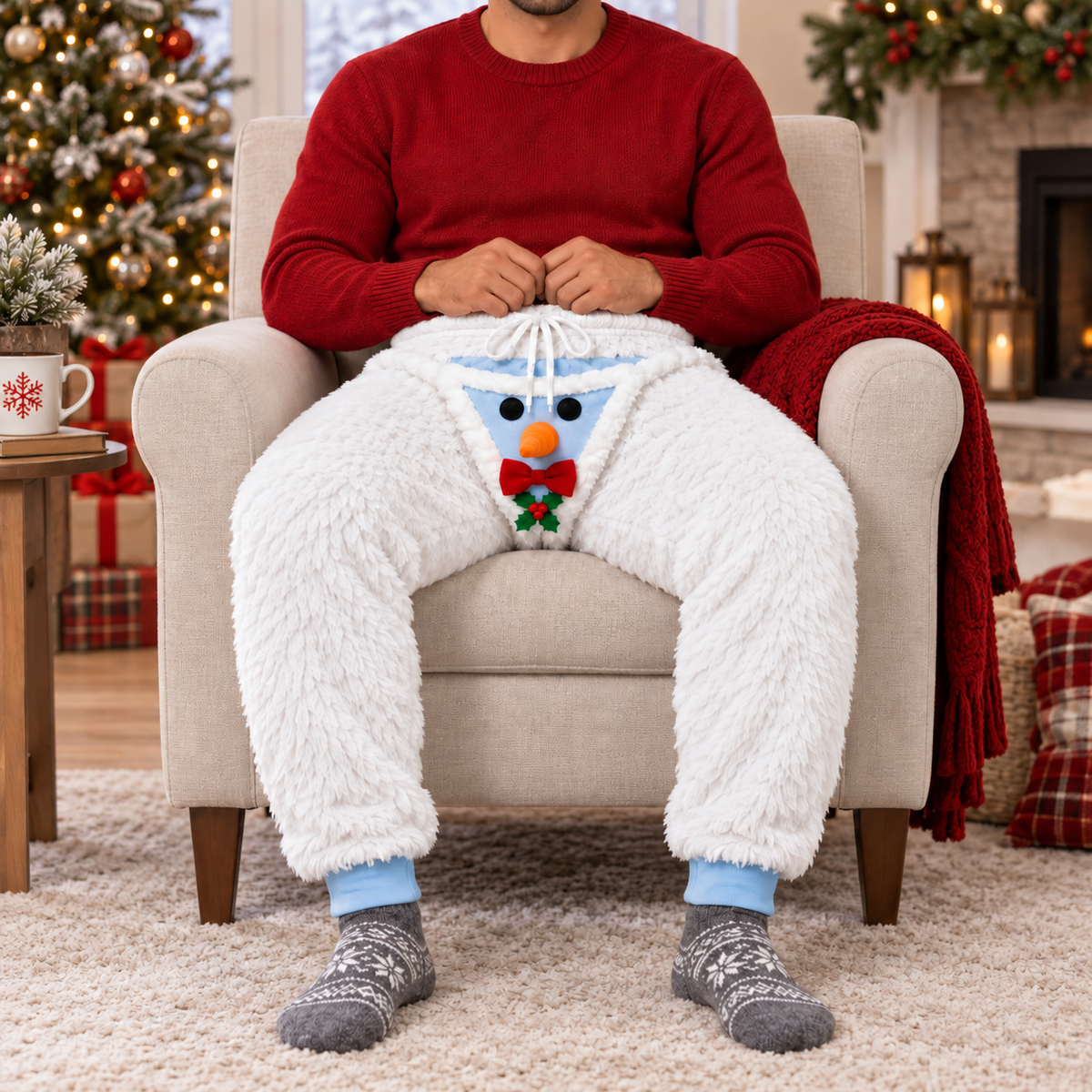 Funny 3D Snowman Sweatpants, Christmas Pajama Joggers for Men, Chillin’ With My Snowballs Holiday Pants, White Fleece Xmas Lounge Pants
