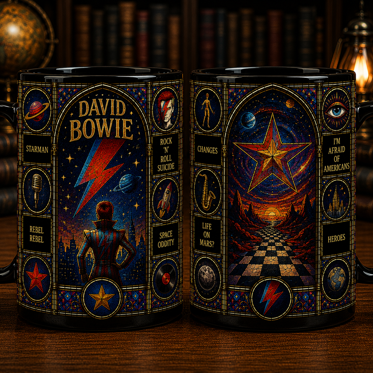 David Bowie Stained Glass Black Mug – David Bowie Ceramic Coffee Mug, Glam Rock Music Fan Gift