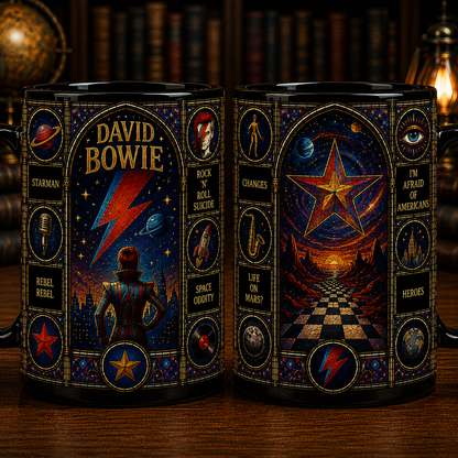 David Bowie Stained Glass Black Mug – David Bowie Ceramic Coffee Mug, Glam Rock Music Fan Gift