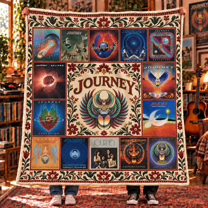 Journey Band Sherpa Blanket - Soft Cozy Fleece Throw - Classic Rock Album Covers Collage & Scarab Logo Fan Gift Idea