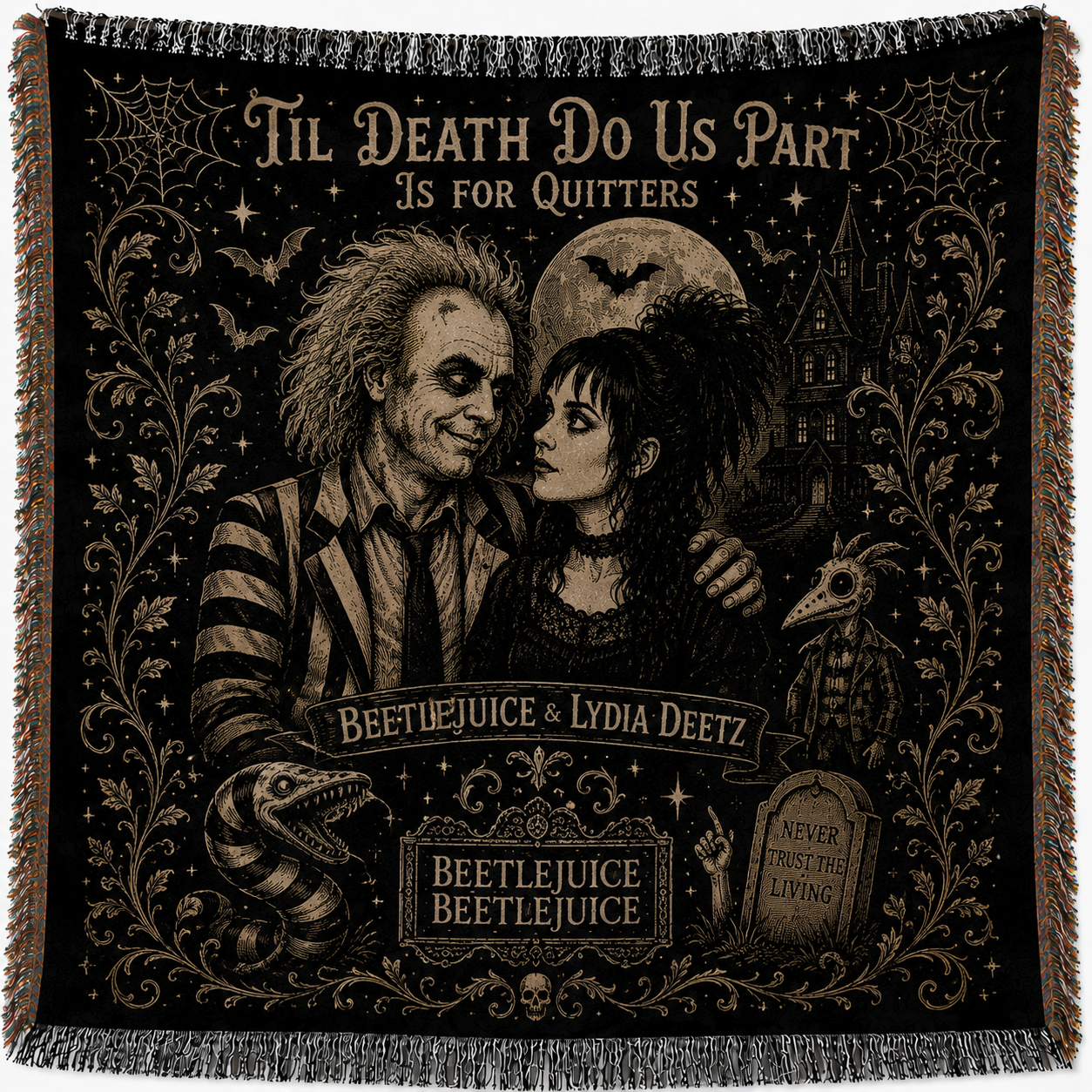 Beetlejuice Woven Blanket, Gothic Halloween Throw Blanket, Beetlejuice & Lydia Deetz Tapestry Blanket, Spooky Home Decor Gift