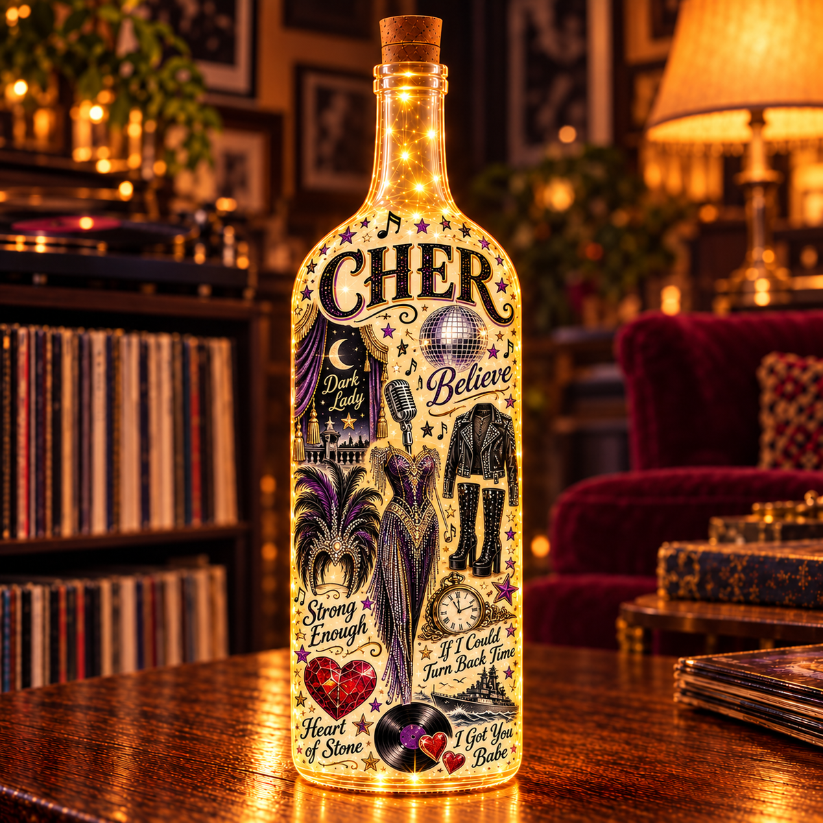 Cher Lighted Bottle Lamp, Believe Music Decor, Pop Icon LED Bottle Light, Cher Fan Gift, Retro Music Room Decor