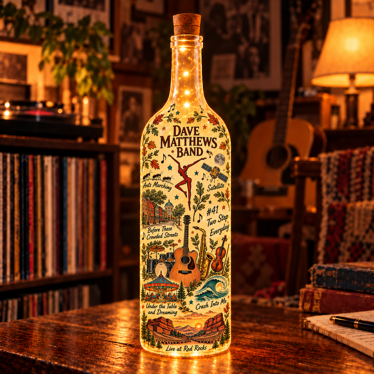 Dave Matthews Band Lighted Bottle Lamp, DMB Music Decor, Live at Red Rocks LED Bottle Light, Jam Band Fan Gift, Music Room Decor