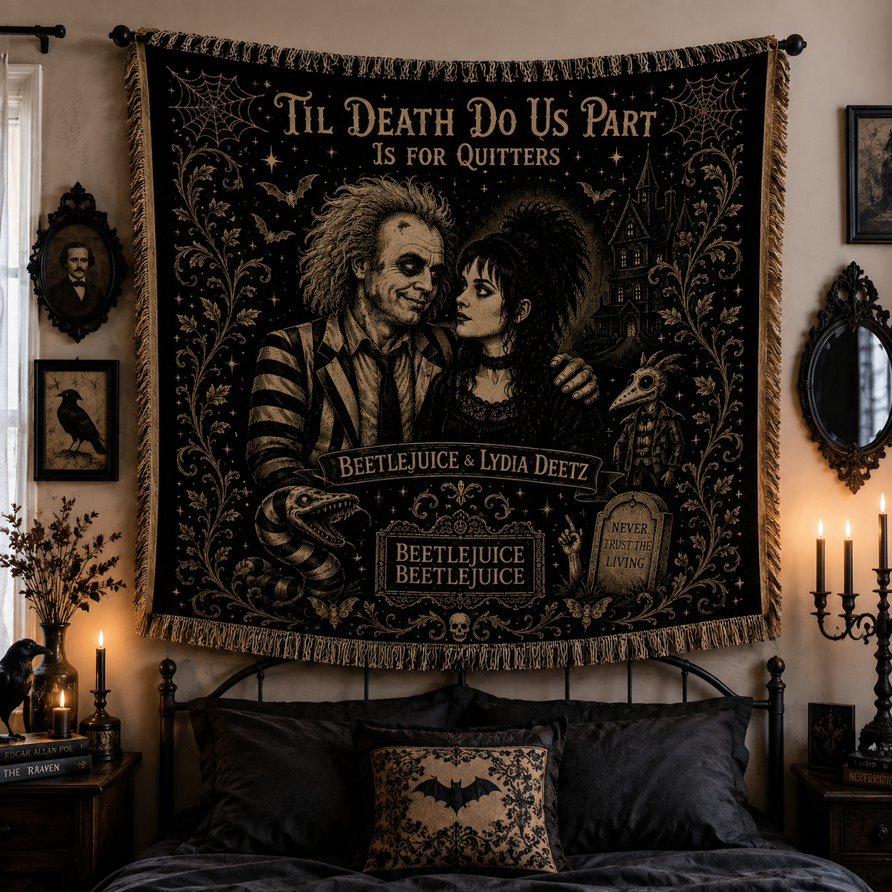 Beetlejuice Woven Blanket, Gothic Halloween Throw Blanket, Beetlejuice & Lydia Deetz Tapestry Blanket, Spooky Home Decor Gift
