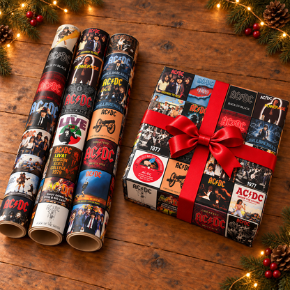 AC/DC Album Cover Wrapping Paper Roll – Classic Rock Gift Wrap, Vintage Music Album Collage Christmas Wrapping Paper for AC/DC Fans